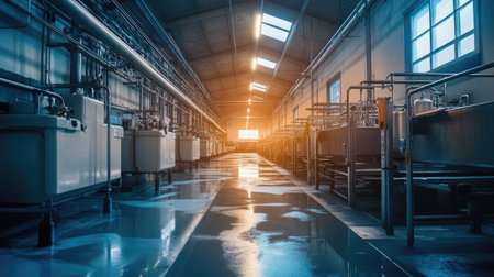 Modern dairy farm facility with milking machines, no people, ample text spaceの素材