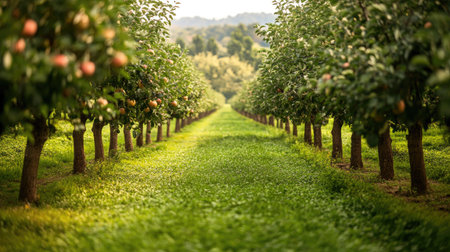 Rows of apple trees in a large orchard, no people, and copy space availableの素材