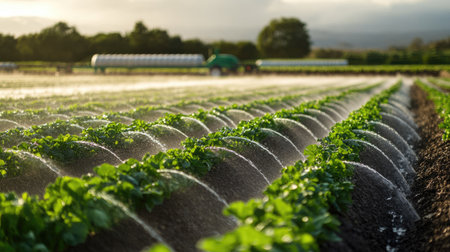 Rows of crops being irrigated in a large farm, no people, with ample copy spaceの素材