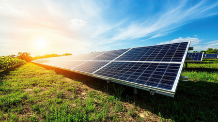 Solar panels powering an agricultural farm with clear skies, no people, copy spaceの素材