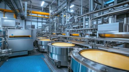 Modern automated dairy processing machinery, no people, with ample copy spaceの素材