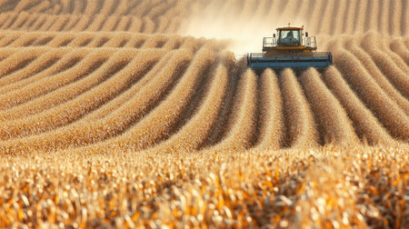 Rows of corn being harvested in a large field, no people, and ample copy spaceの素材