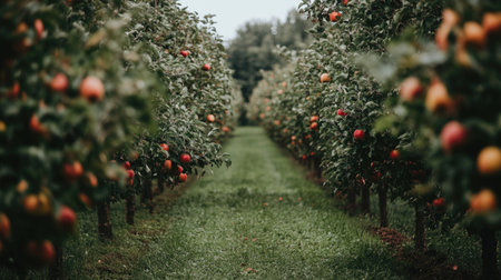 Rows of apple trees in a large orchard, no people, and copy space availableの素材