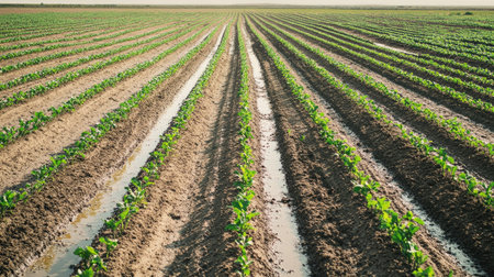 Rows of crops being irrigated in a large farm, no people, with ample copy spaceの素材