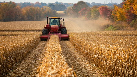 Rows of corn being harvested by modern equipment with ample copy spaceの素材