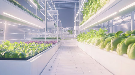 Modern vertical farm with automated watering systems, no people, and copy spaceの素材