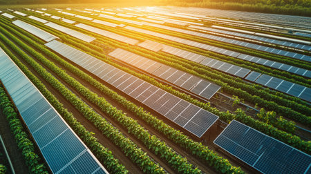 Rows of solar-powered greenhouses in an agricultural complex, copy space includedの素材
