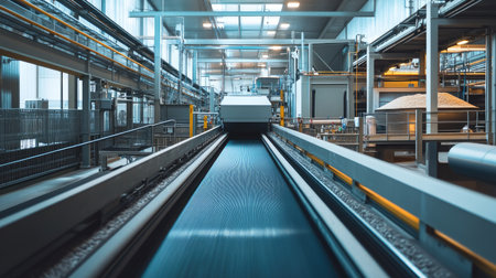 Modern grain processing plant with conveyor systems, no people, and copy spaceの素材