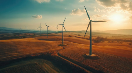 Wind turbines over a vast farmland, renewable energy concept, no people, text spaceの素材