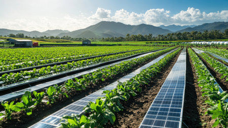 Rows of solar-powered irrigation systems in a large farm, no people, text spaceの素材