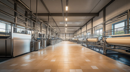 Modern dairy farm facility with milking machines, no people, ample text spaceの素材