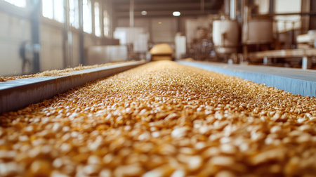 Rows of harvested crops being processed in a factory, no people, copy spaceの素材