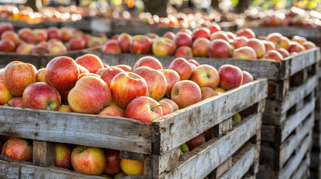 Rows of crates filled with harvested apples, no people, and ample copy spaceの素材