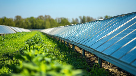Rows of solar-powered greenhouses in an agricultural complex, copy space includedの素材