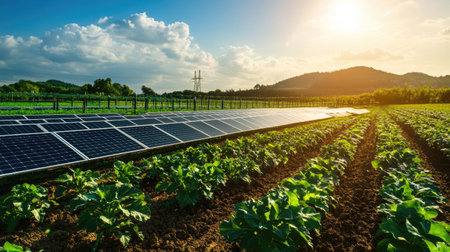 Rows of solar-powered irrigation systems in a large farm, no people, text spaceの素材