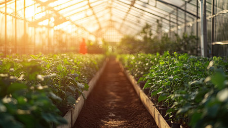 Rows of greenhouses in an agricultural research facility, no people, copy spaceの素材