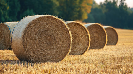 Rows of hay bales on a freshly harvested field, no people, and text spaceの素材