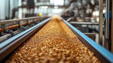 Rows of harvested crops being processed in a factory, no people, copy spaceの素材