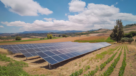 Solar panels powering an agricultural farm with clear skies, no people, copy spaceの素材