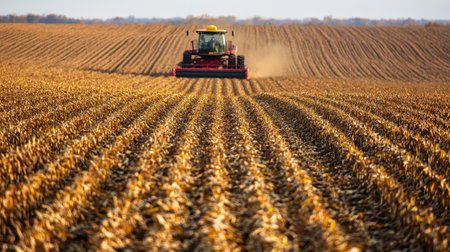 Rows of corn being harvested in a large field, no people, and ample copy spaceの素材