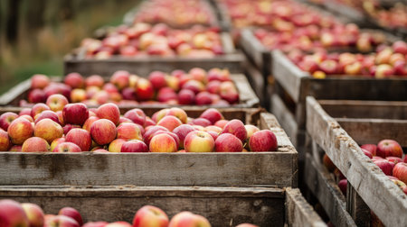 Rows of crates filled with harvested apples, no people, and ample copy spaceの素材
