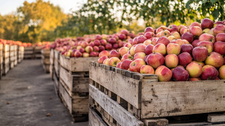 Rows of crates filled with harvested apples, no people, and ample copy spaceの素材
