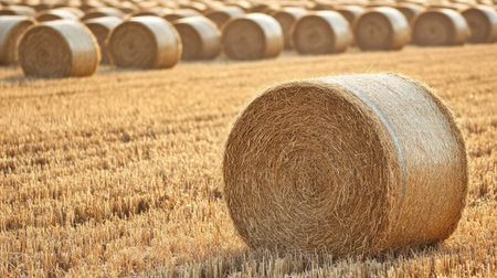 Rows of hay bales on a freshly harvested field, no people, and text spaceの素材