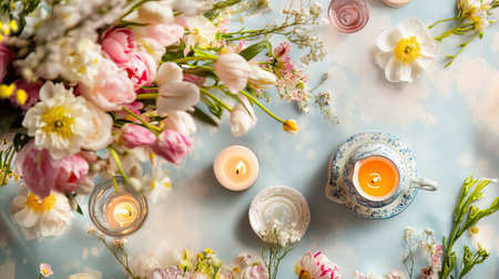 A top view of a spring-themed table with flowers, candles, and a teapot. Ample copy space available.の素材