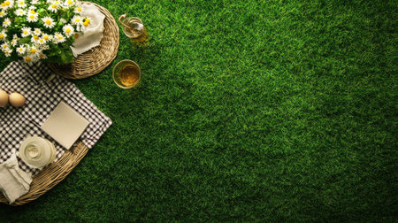 A flat lay of a spring picnic setup on a grassy field, with ample space for text on the grass.の素材