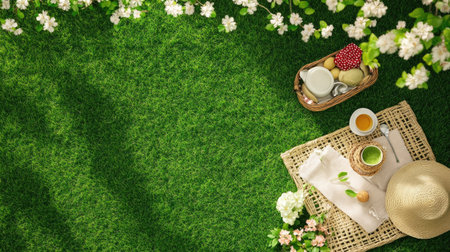 A flat lay of a spring picnic setup on a grassy field, with ample space for text on the grass.の素材