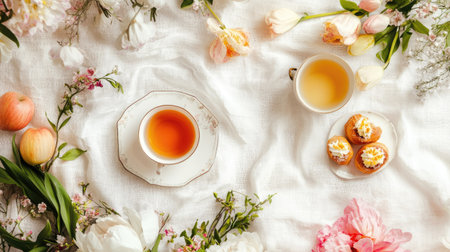 A flat lay of a springtime tea set with flowers and pastries on a white tablecloth. Copy space available.の素材