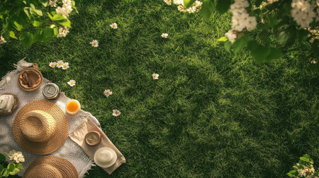 A flat lay of a spring picnic setup on a grassy field, with ample space for text on the grass.の素材
