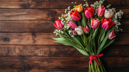 A top view of a spring bouquet with tulips and roses on a rustic wooden table. Ample space for text.の素材