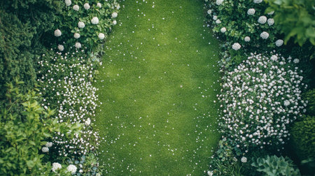 A top view of a garden path lined with blooming flowers, with space for text in the grassの素材