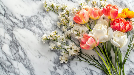 A top view of a spring flower arrangement on a marble surface, with ample copy space on the side.の素材