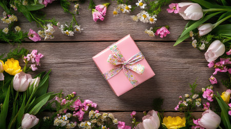 A top view of a spring-themed gift box surrounded by flowers on a wooden table. Ample copy space available.の素材