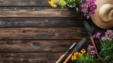 A top view of a springtime gardening setup with tools and flowers on a wooden table. Ample space for text.の素材