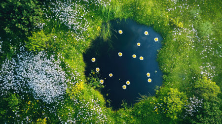 Aerial shot of a spring meadow with wildflowers and a small pond. Ample copy space available.の素材