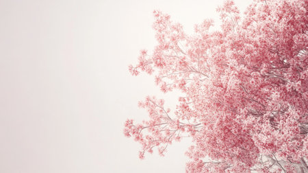 A top view of a flowering tree with pink blossoms against a clear sky. Ample space for text above.の素材