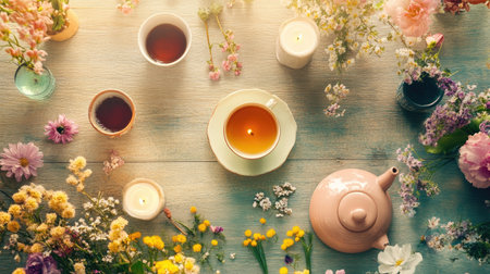 A top view of a spring-themed table with flowers, candles, and a teapot. Ample copy space available.の素材