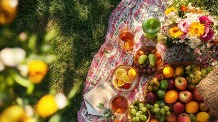 A top view of a spring picnic setup with flowers, fruit, and drinks on a blanket. Ample space for text.の素材