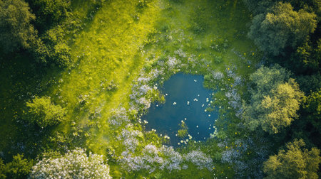 Aerial shot of a spring meadow with wildflowers and a small pond. Ample copy space available.の素材