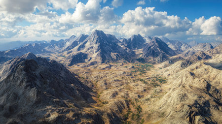 Aerial perspective of a rocky mountain range with open sky above, ideal for text placementの素材