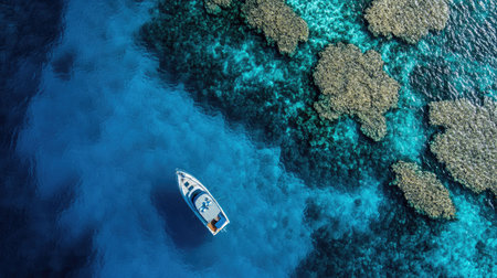 A tranquil top view of the open sea, with a small boat anchored near a coral patch. Ample copy space surrounding the scene.の素材