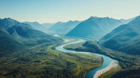 Aerial shot of a mountain range with a meandering river, clear sky for copy spaceの素材