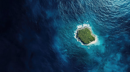 A top view of the deep blue ocean with a small island in the distance. Copy space on the left side.の素材
