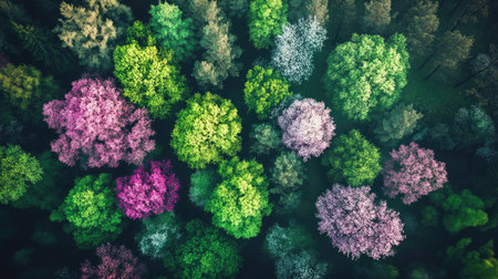 Aerial shot of a spring forest with a mix of green and blossoming trees. Ample copy space on the top.の素材