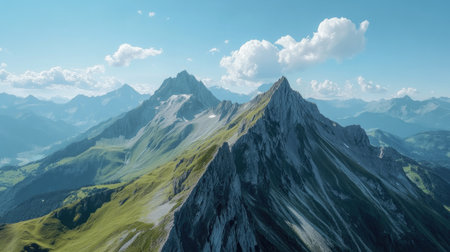 Bird's-eye view of an alpine mountain with a large expanse of blue sky, perfect for a headlineの素材