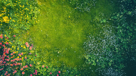Aerial shot of a vibrant spring field with wildflowers and green grass. Ample space for text above.の素材