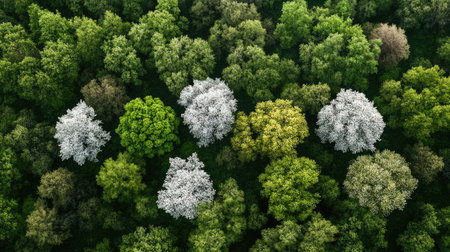 Aerial view of a springtime forest with a mix of green and blooming trees. Copy space on the left side.の素材